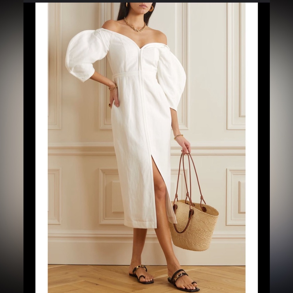 Mara Hoffman Leonara Off-Shoulder White Midi Dress with Balloon Sleeves